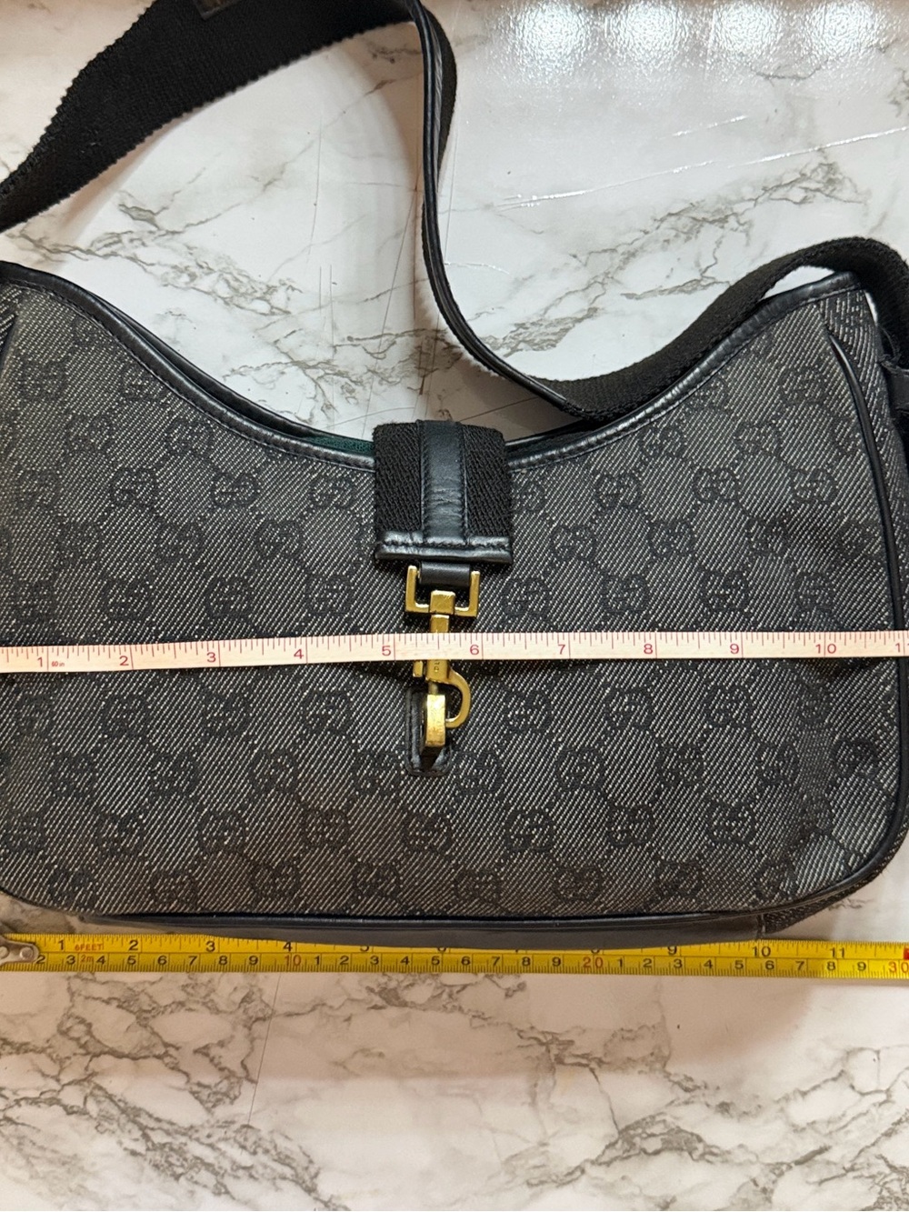 Gucci Jackie GG Denim Canvas Black Leather Trim Shoulder Bag Gold Piston Closure - Picture 10 of 12
